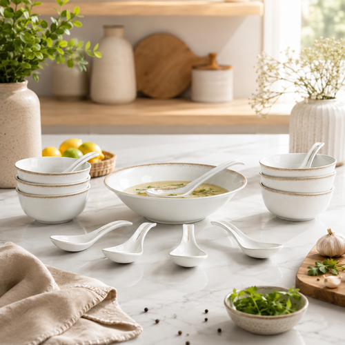 Gold-Rimmed Soup Set with Serving Spoons