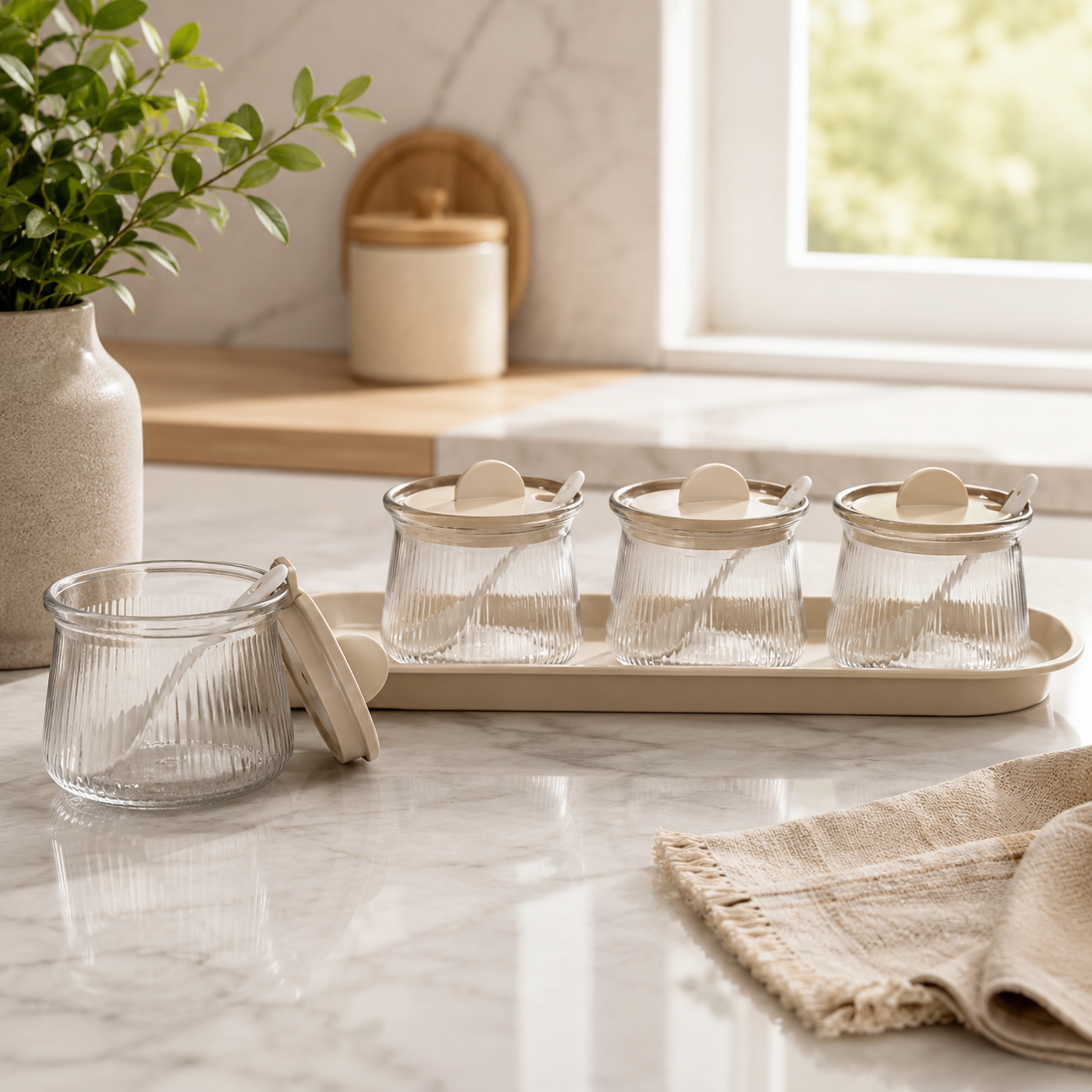 Modern Glass Jar Set with Tray & Spoons