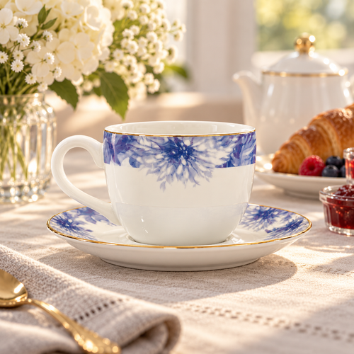 Elegant Blue Floral Ceramic Cup & Saucer Set 12 Piece