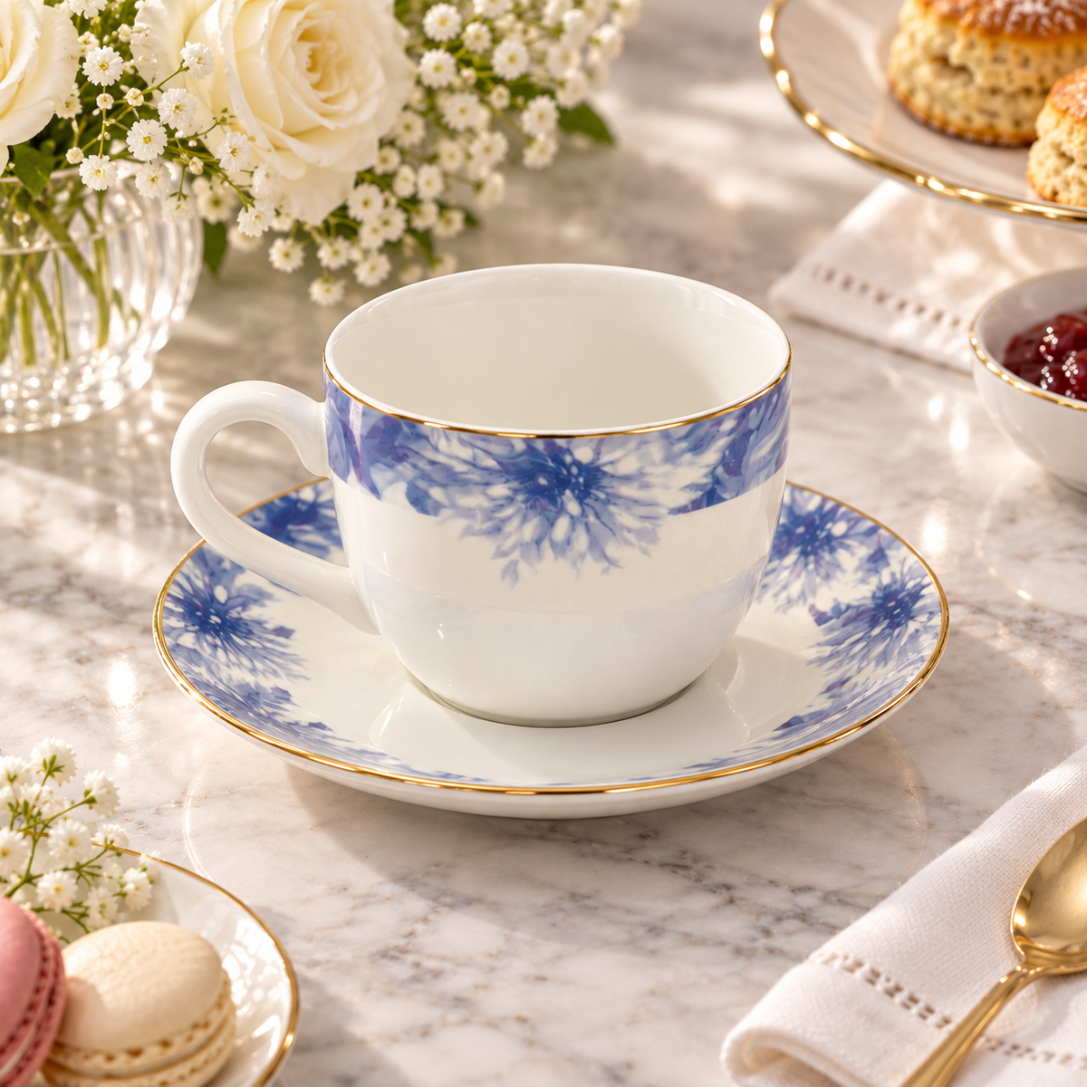 Elegant Blue Floral Ceramic Cup & Saucer Set 12 Piece
