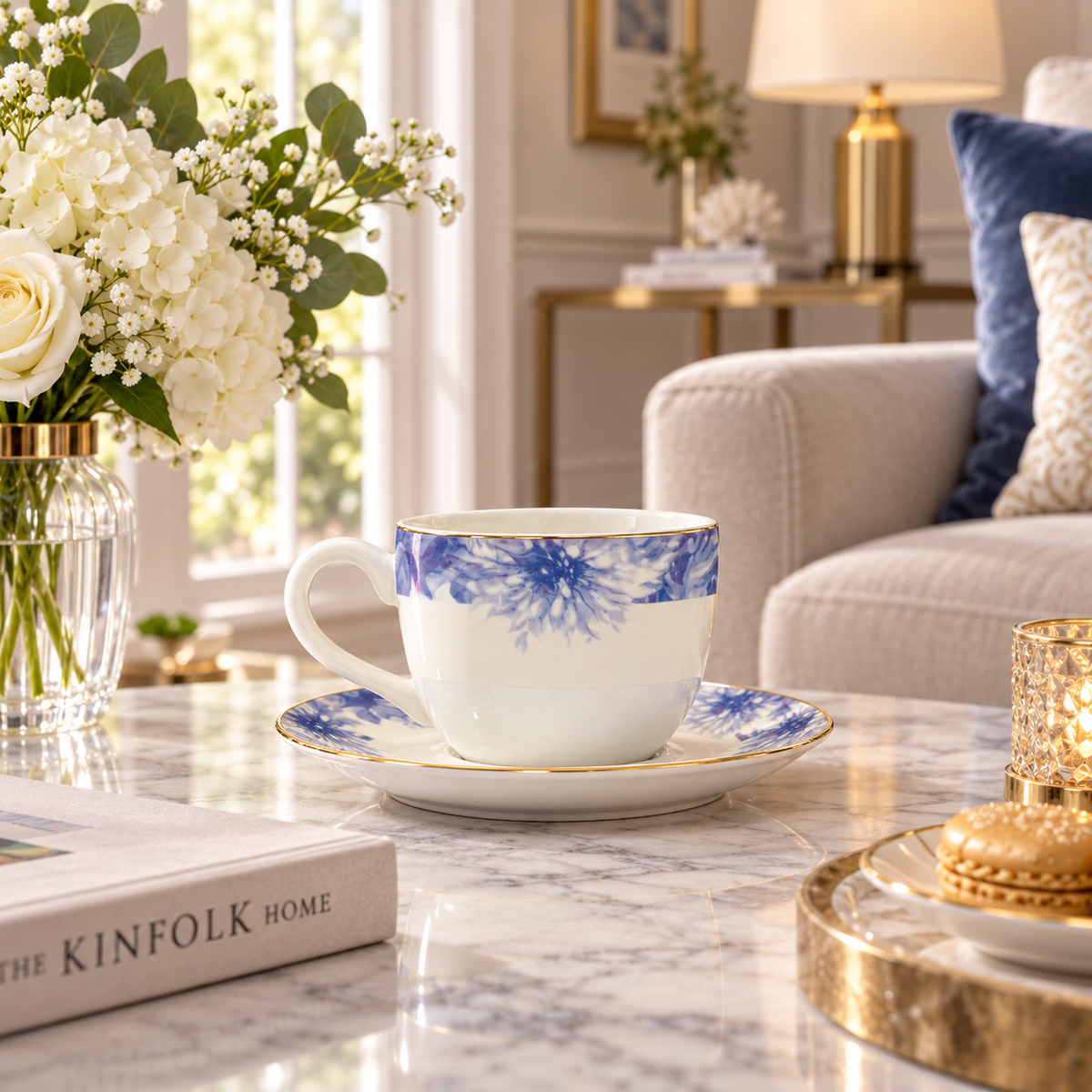 Elegant Blue Floral Ceramic Cup & Saucer Set 12 Piece