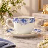Elegant Blue Floral Ceramic Cup & Saucer Set 12 Piece