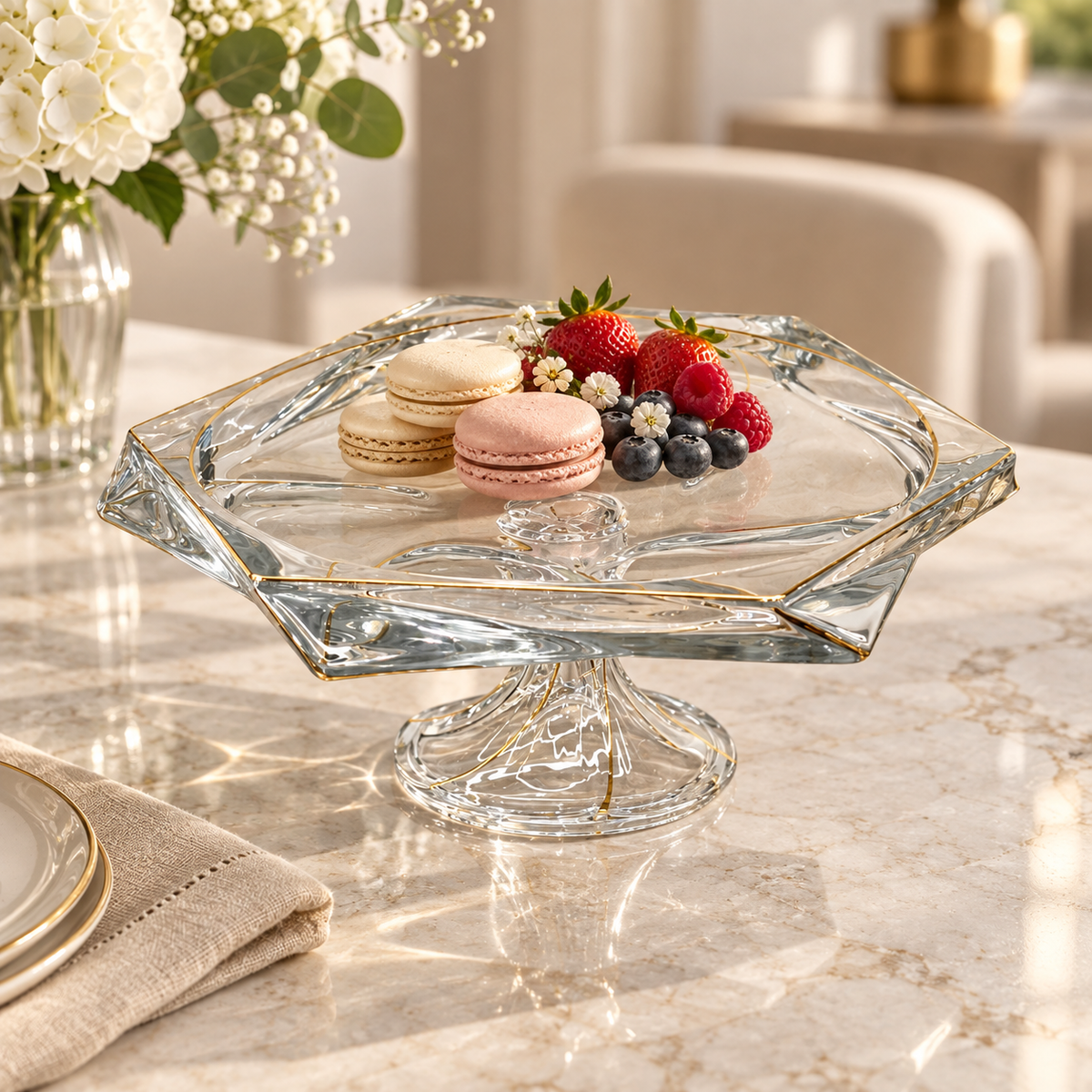 Elegant Gold Accented Hexagonal Glass Cake Stand
