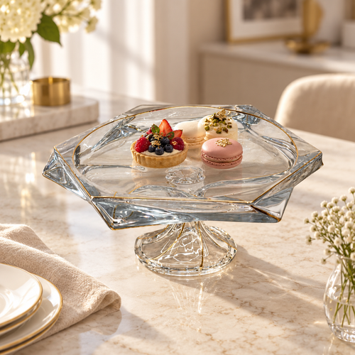 Elegant Gold Accented Hexagonal Glass Cake Stand
