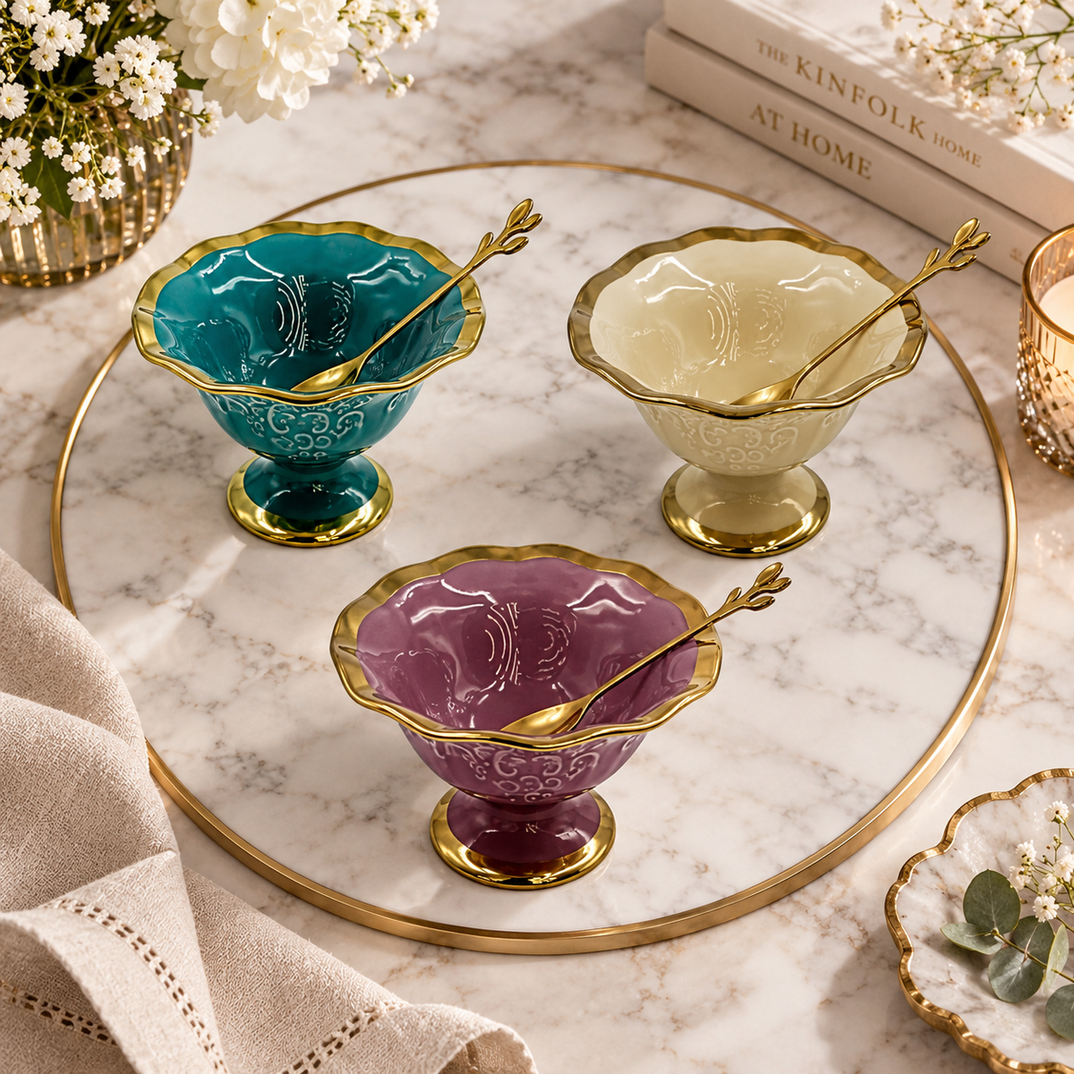 Elegant Ceramic Dessert Bowl & Gold Spoon Set of 6