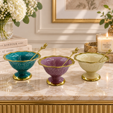 Elegant Ceramic Dessert Bowl & Gold Spoon Set of 6