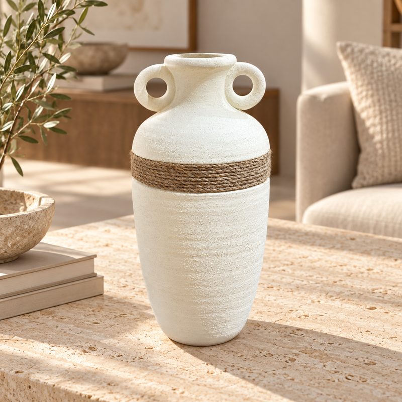 Rustic White Textured Vase with Rope Accent – Modern Decorative Flower Vase