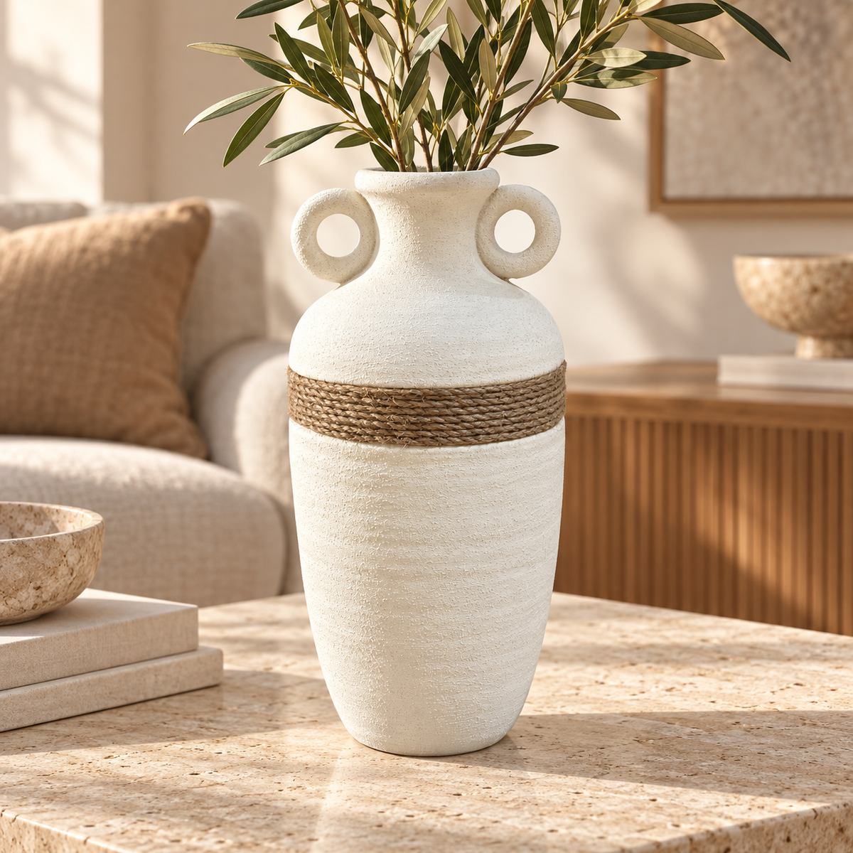 Rustic White Textured Vase with Rope Accent – Modern Decorative Flower Vase
