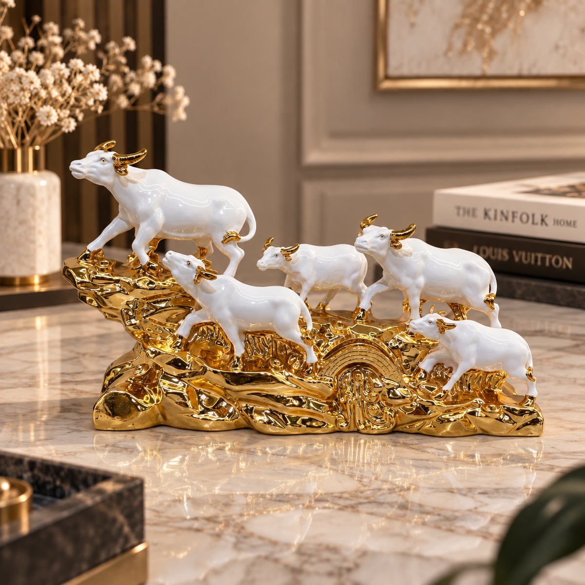 Regal White & Gold Bull Family Herd Sculpture