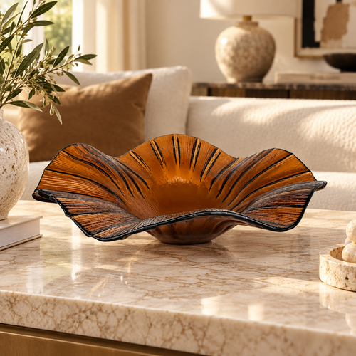 Golden Amber Lotus Glass Centerpiece Bowl