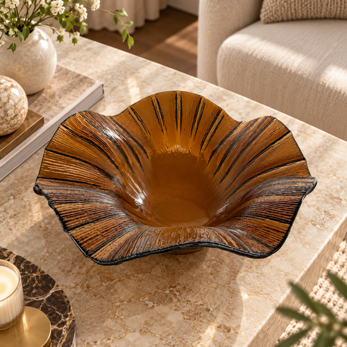 Golden Amber Lotus Glass Centerpiece Bowl