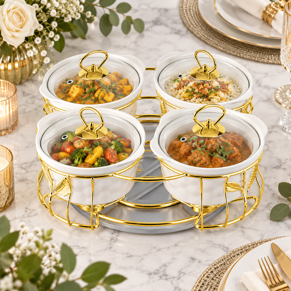Royal 4 Piece Ceramic Serving Set with Gold Stand & Glass Lids