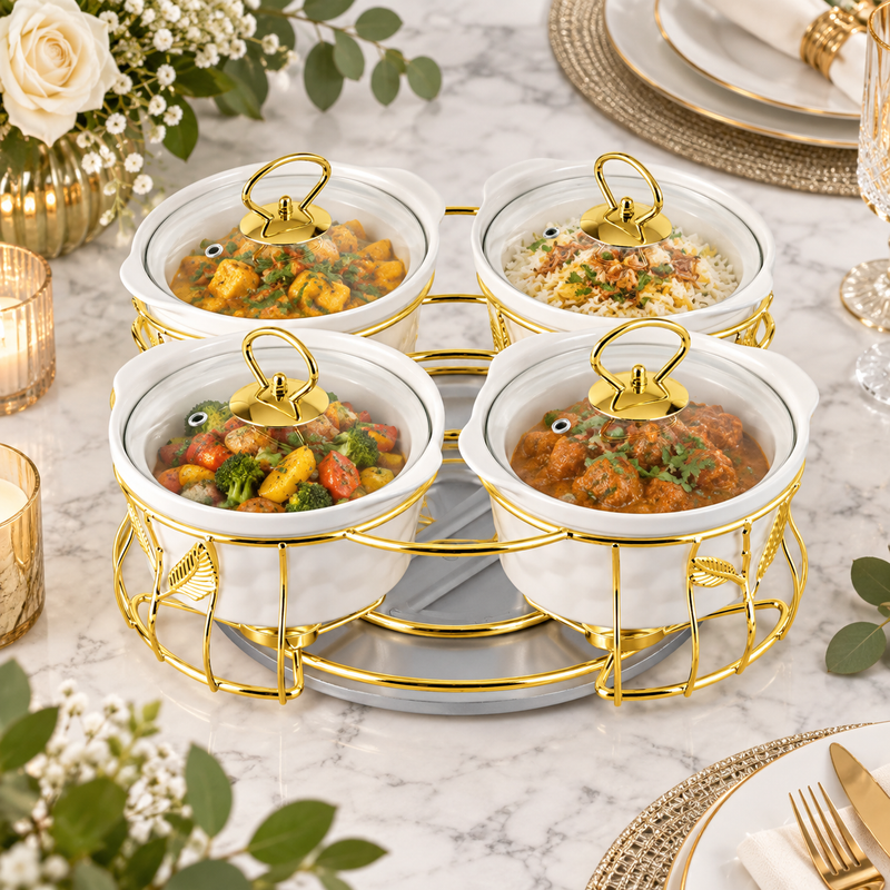 Royal 4 Piece Ceramic Serving Set with Gold Stand & Glass Lids