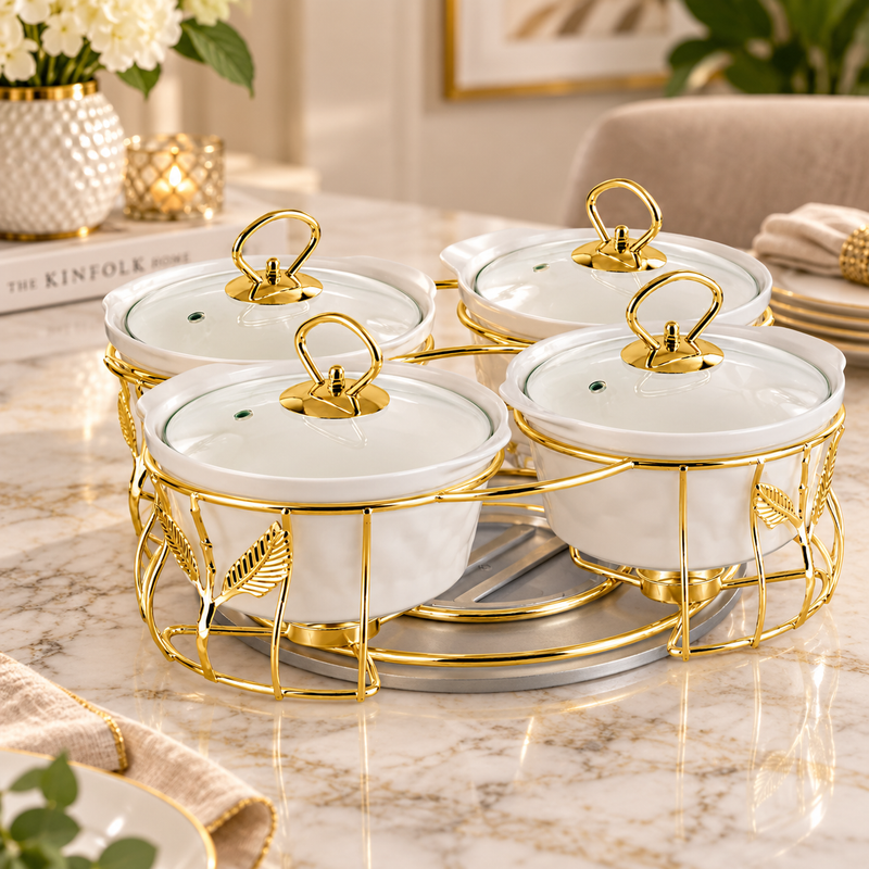 Royal 4 Piece Ceramic Serving Set with Gold Stand & Glass Lids