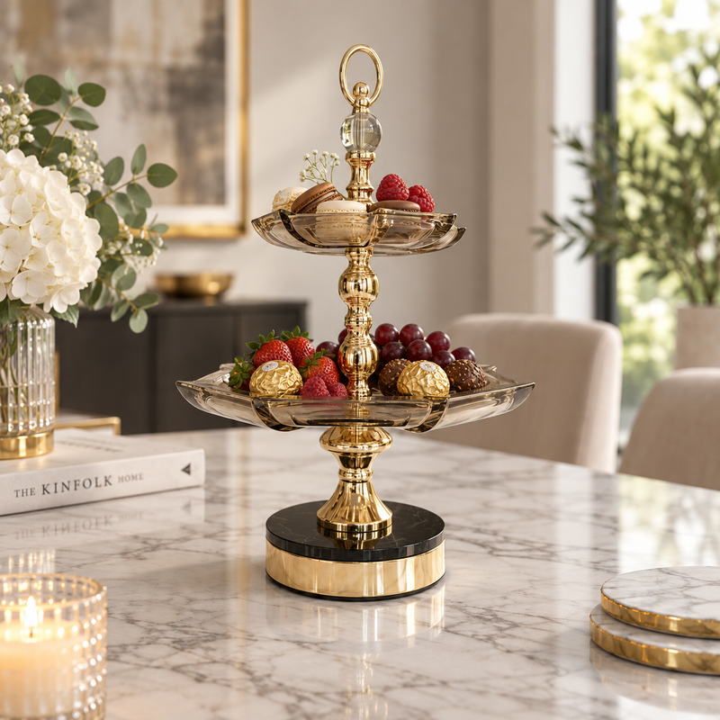 Luxury 2-Tier Serving Stand with Gold Finish & Black Base