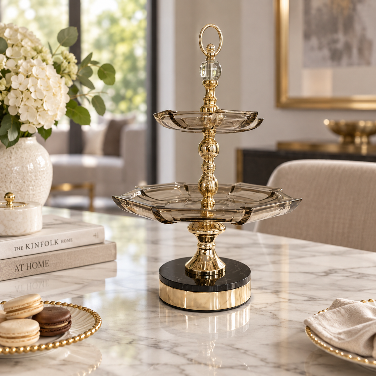 Luxury 2-Tier Serving Stand with Gold Finish & Black Base