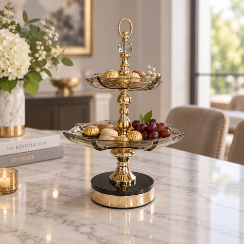 Luxury 2-Tier Serving Stand with Gold Finish & Black Base