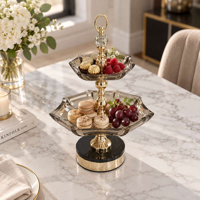 Luxury 2-Tier Serving Stand with Gold Finish & Black Base