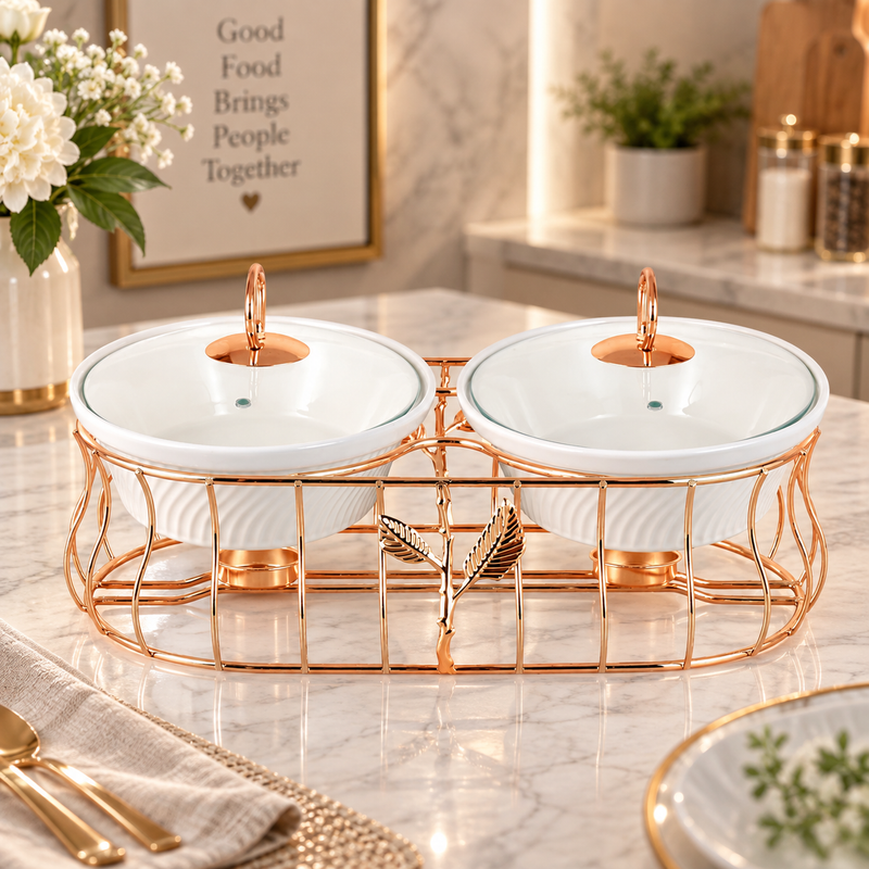 Rose Gold 2 Piece Ceramic Chafing Dish Set with Tealight Warmers