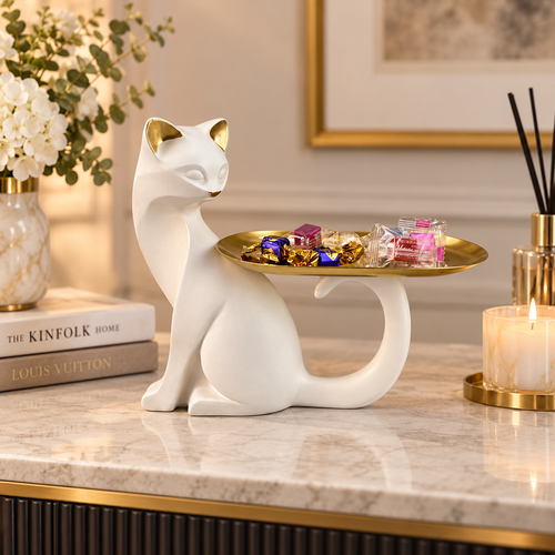 Minimalist Cat Sculpture with Gold Tray