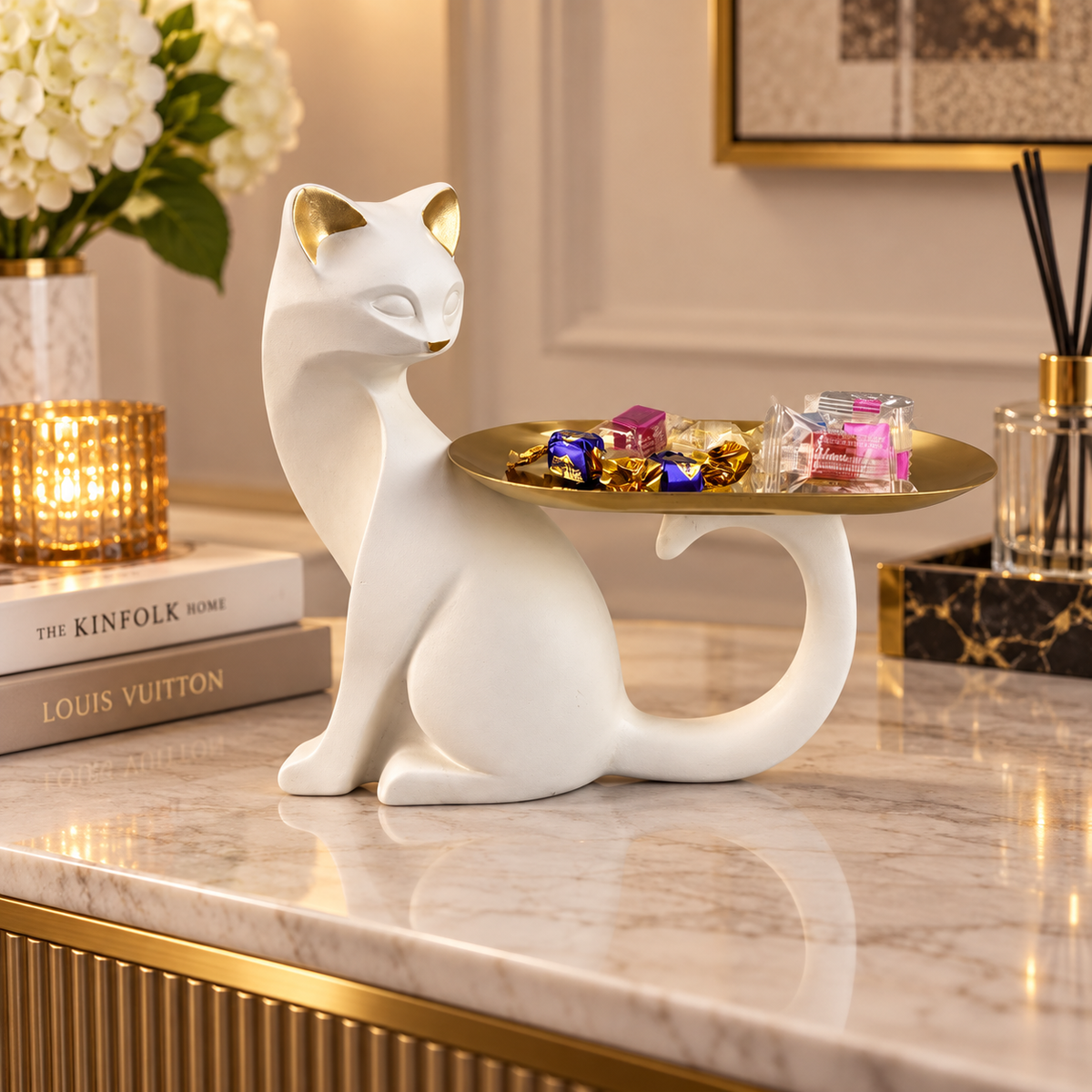 Minimalist Cat Sculpture with Gold Tray