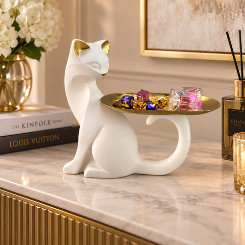 Minimalist Cat Sculpture with Gold Tray