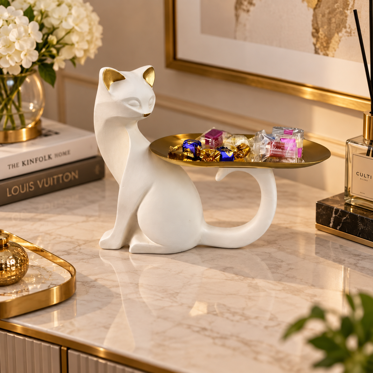 Minimalist Cat Sculpture with Gold Tray