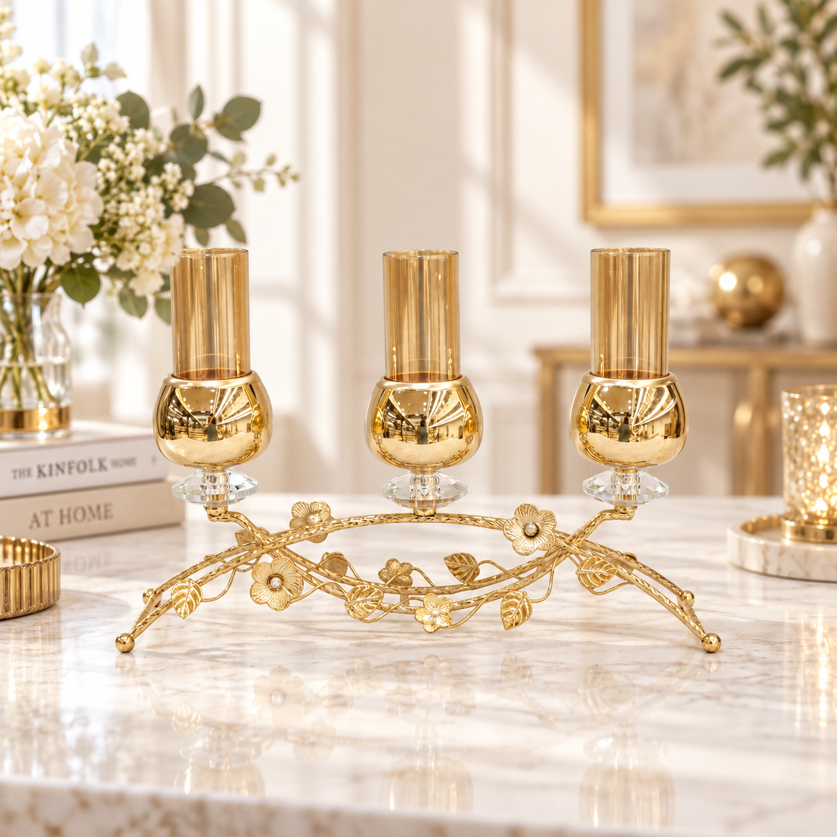 Gold Blossom Amber Glass 3 Piece Candle Holder