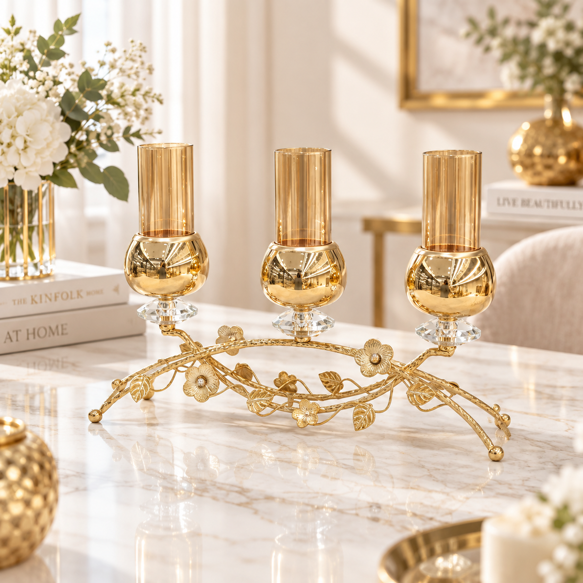 Gold Blossom Amber Glass 3 Piece Candle Holder