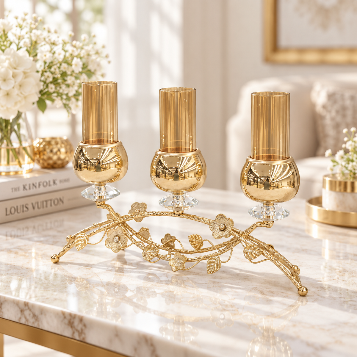 Gold Blossom Amber Glass 3 Piece Candle Holder