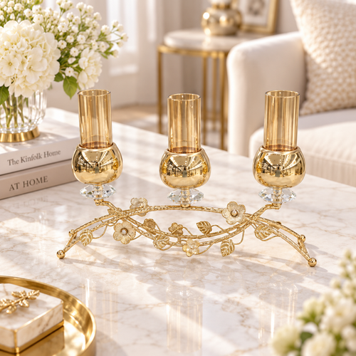 Gold Blossom Amber Glass 3 Piece Candle Holder