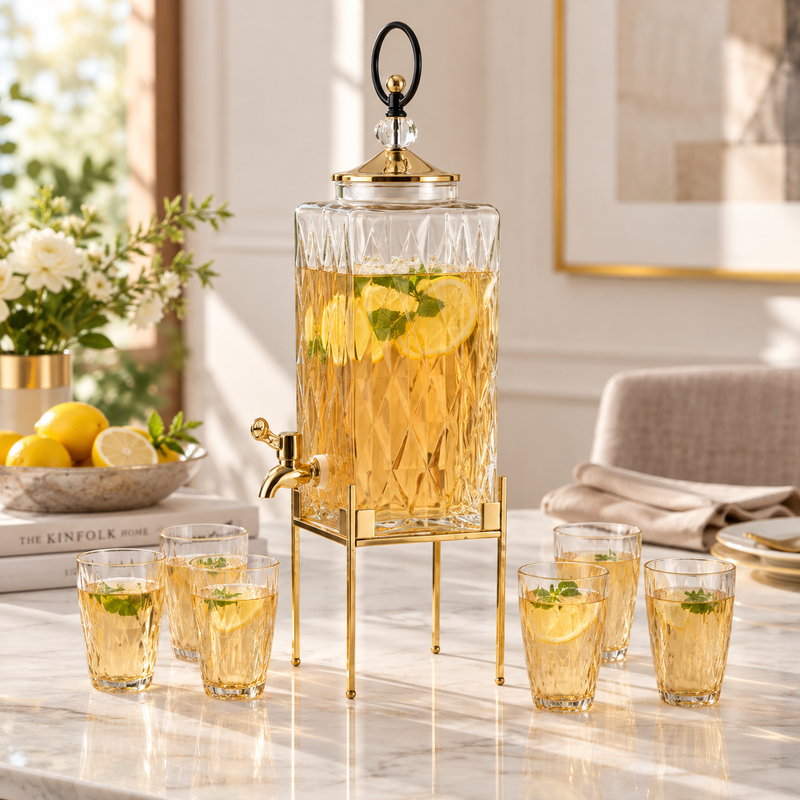 Luxury Square Glass Dispenser with 6 Glass & Gold Stand