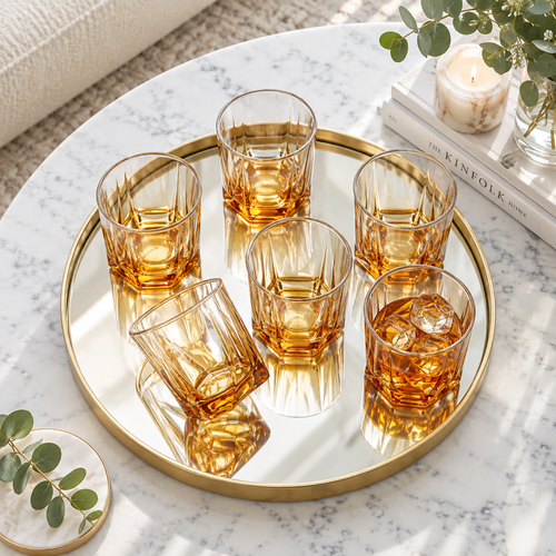 Elegant Honey Amber Rocks Glass Set of 6
