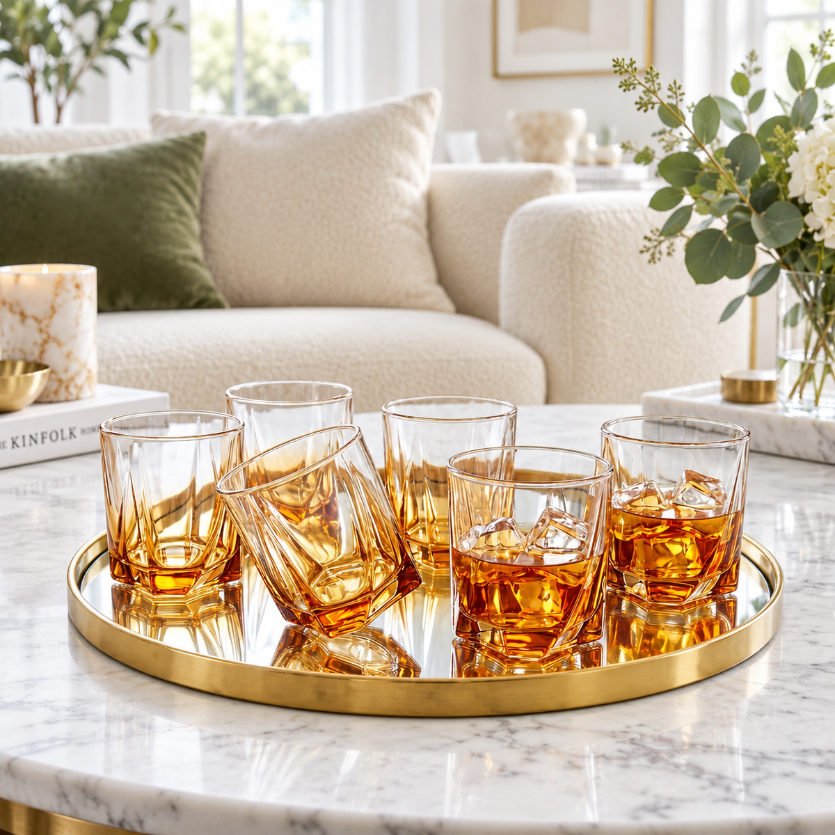 Elegant Honey Amber Rocks Glass Set of 6