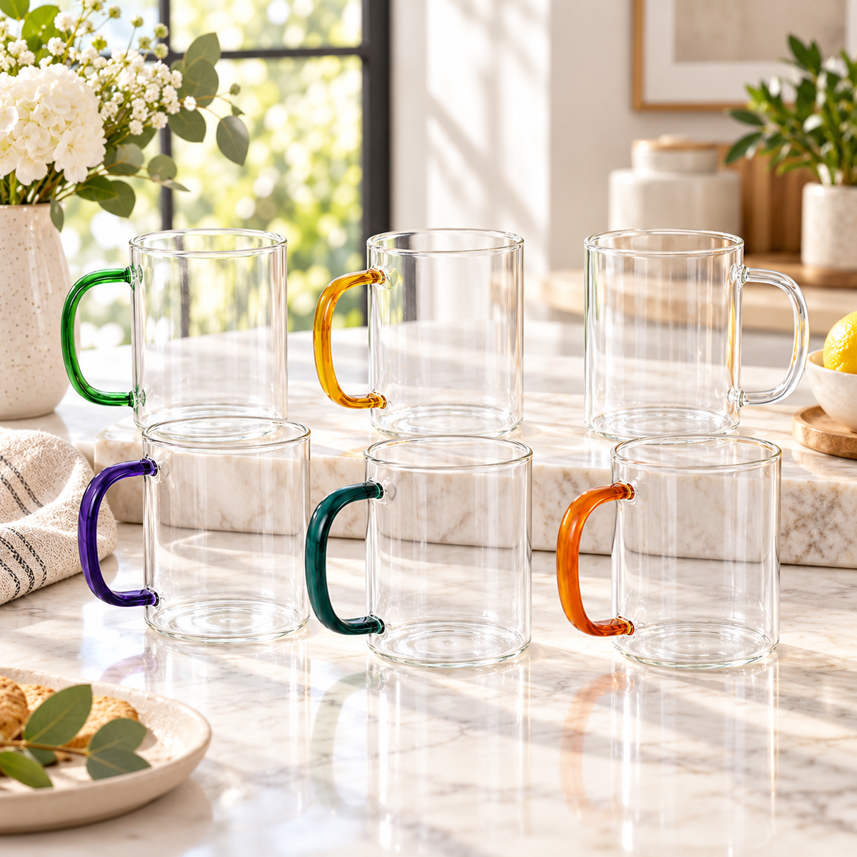Materialist Glass Mugs Set of 6 with Multicolor Handles