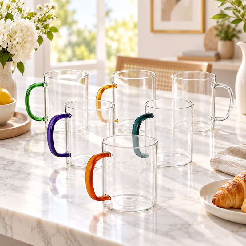 Materialist Glass Mugs Set of 6 with Multicolor Handles