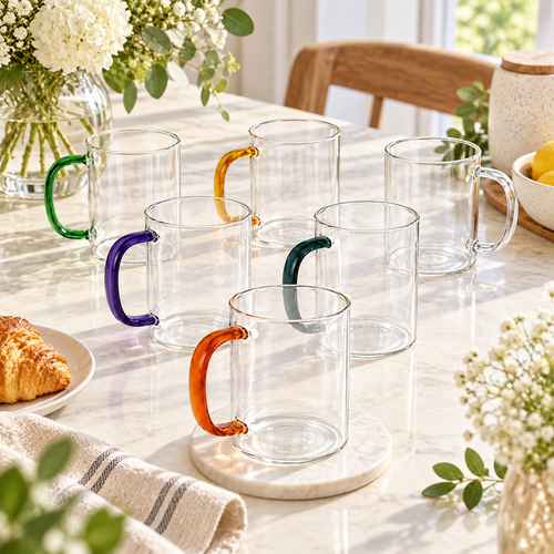 Materialist Glass Mugs Set of 6 with Multicolor Handles
