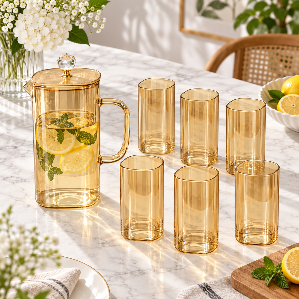 Minimalist Amber Square Glass Pitcher & Glass Set