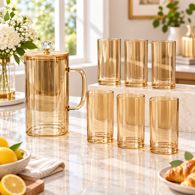 Minimalist Amber Square Glass Pitcher & Glass Set