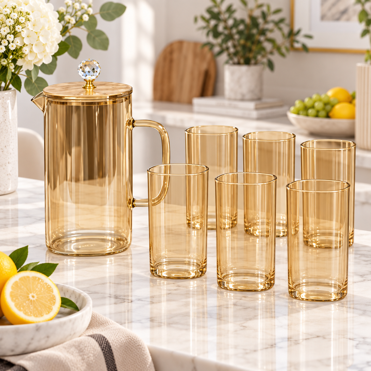 Minimalist Amber Square Glass Pitcher & Glass Set
