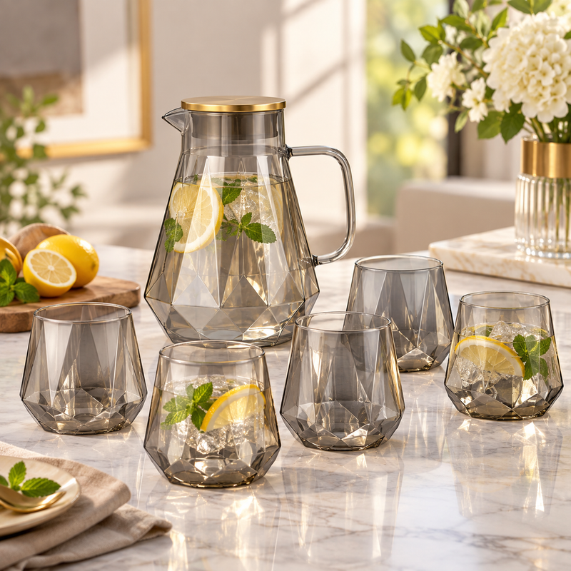 Elegant Geometric Pitcher with Gold Lid & 6 Glasses Set