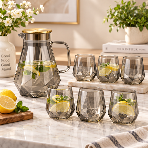 Elegant Geometric Pitcher with Gold Lid & 6 Glasses Set