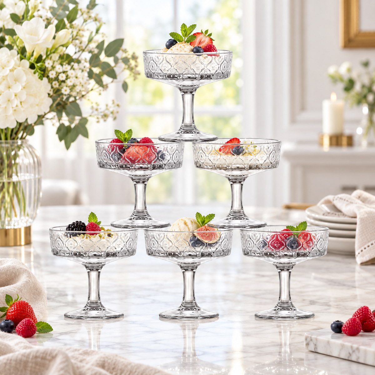 Vintage Embossed Crystal Coupe Glasses Set of 6