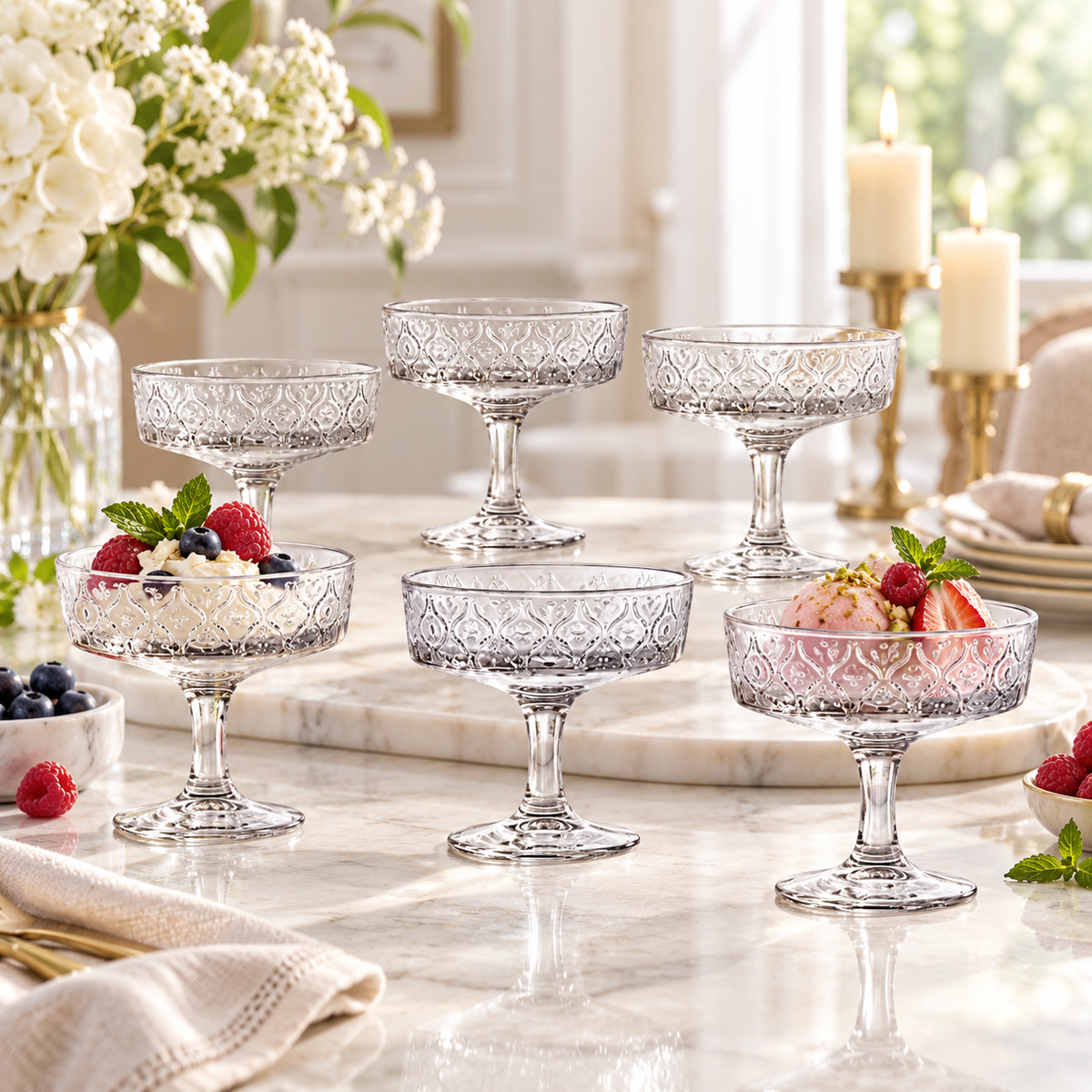 Vintage Embossed Crystal Coupe Glasses Set of 6