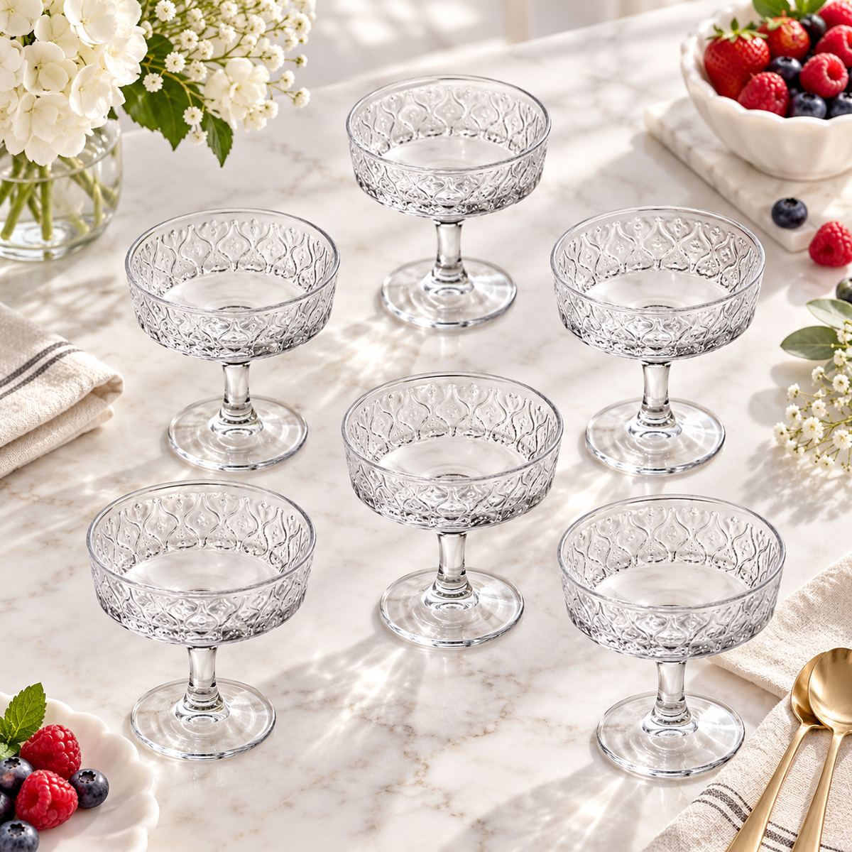 Vintage Embossed Crystal Coupe Glasses Set of 6