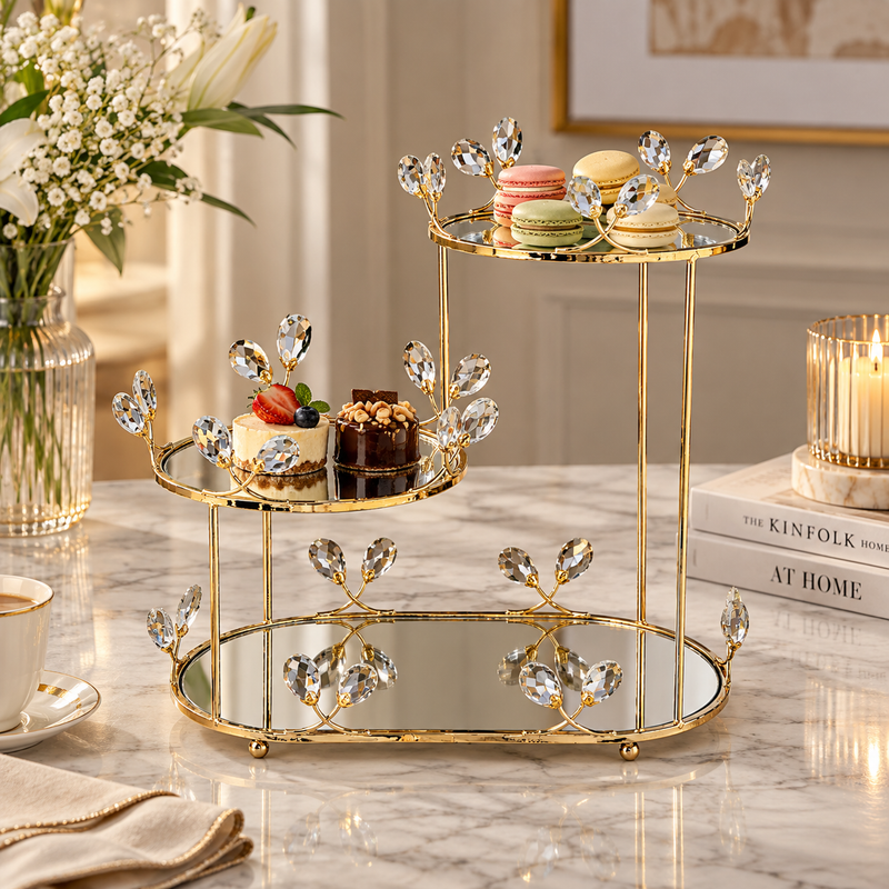 3 Tier Crystal & Mirrored Gold Serving Stand