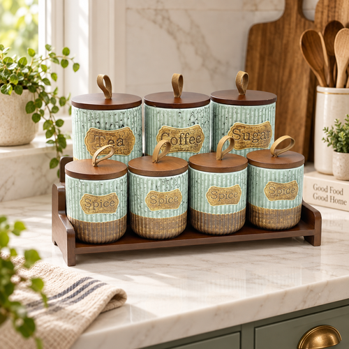 Antique Style Kitchen Canister & Spice Jar Set with Wooden Stand