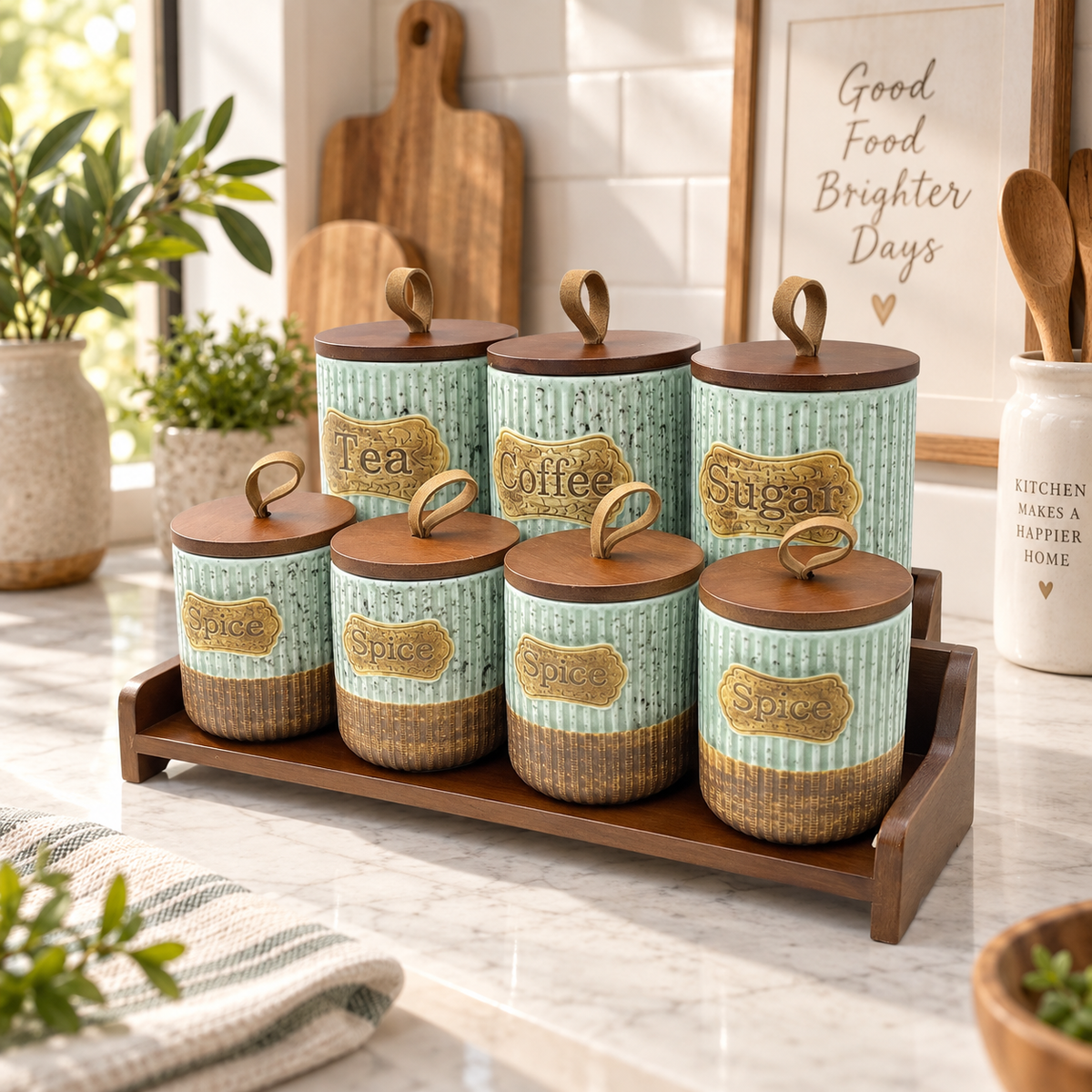 Antique Style Kitchen Canister & Spice Jar Set with Wooden Stand
