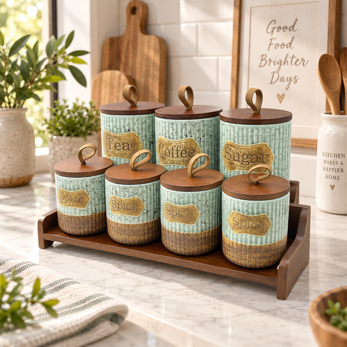 Antique Style Kitchen Canister & Spice Jar Set with Wooden Stand