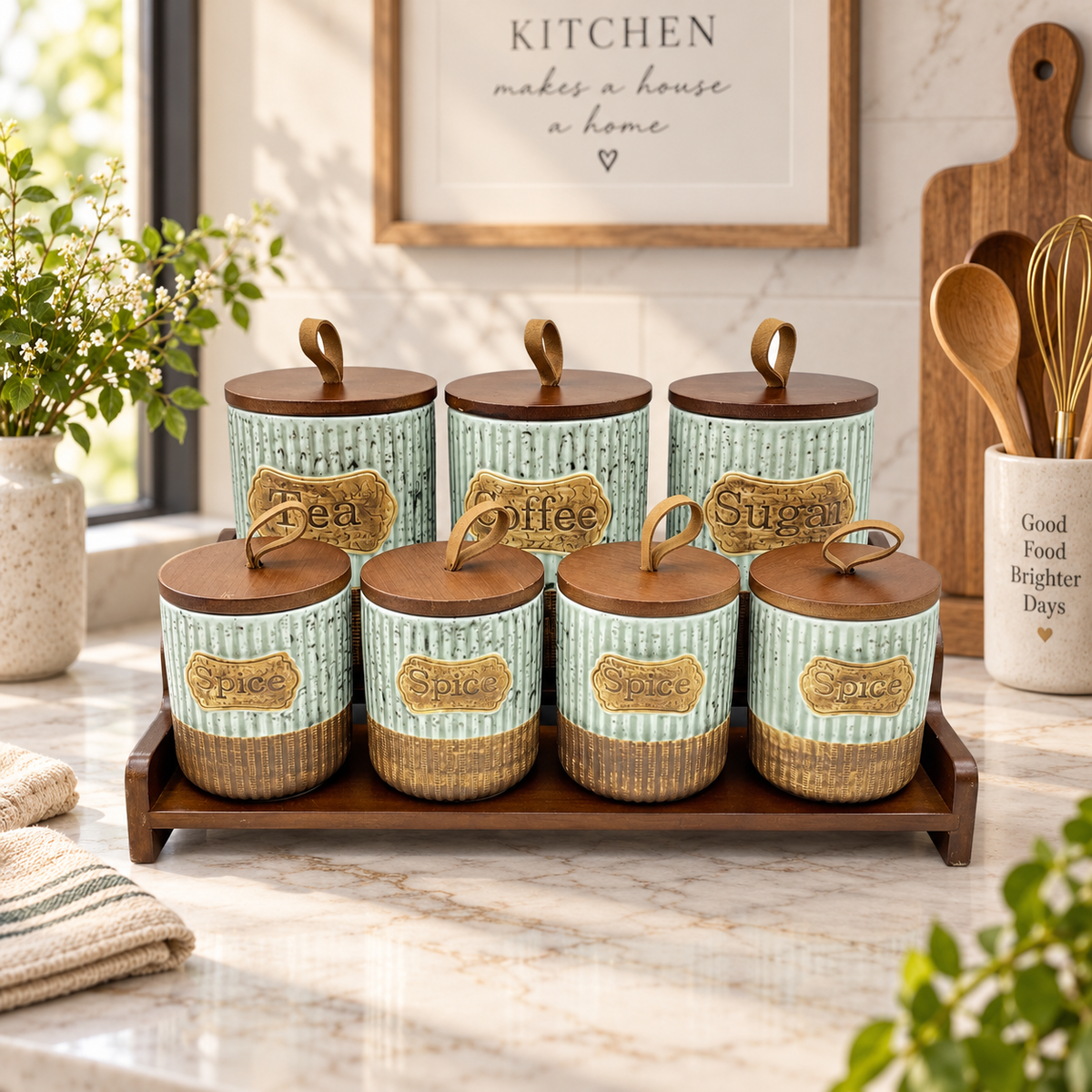 Antique Style Kitchen Canister & Spice Jar Set with Wooden Stand